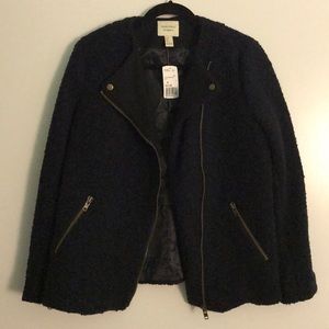 NWT Forever 21 Navy Boucle Moto Zipper Coat Sz M